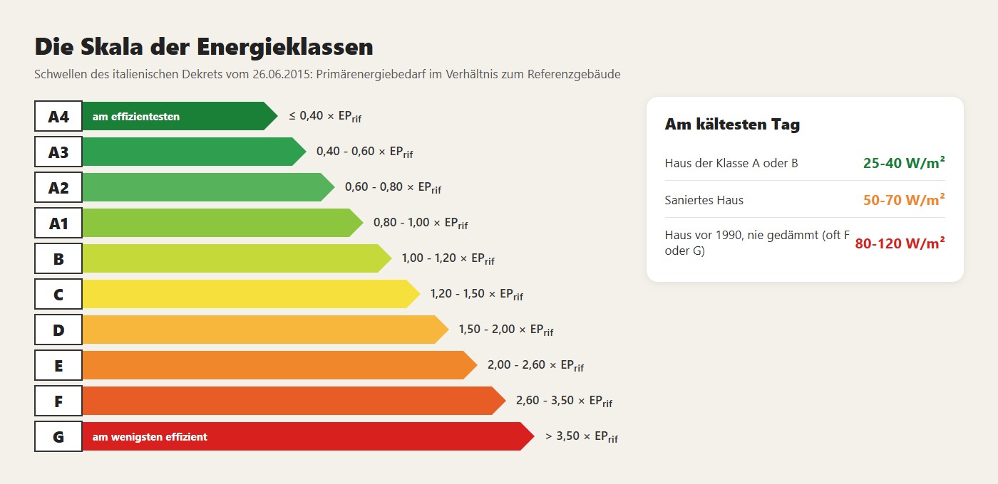 Die italienische Skala der Energieklassen mit den Schwellen von 2015 und daneben, was die drei Haustypen am kältesten Tag verlangen