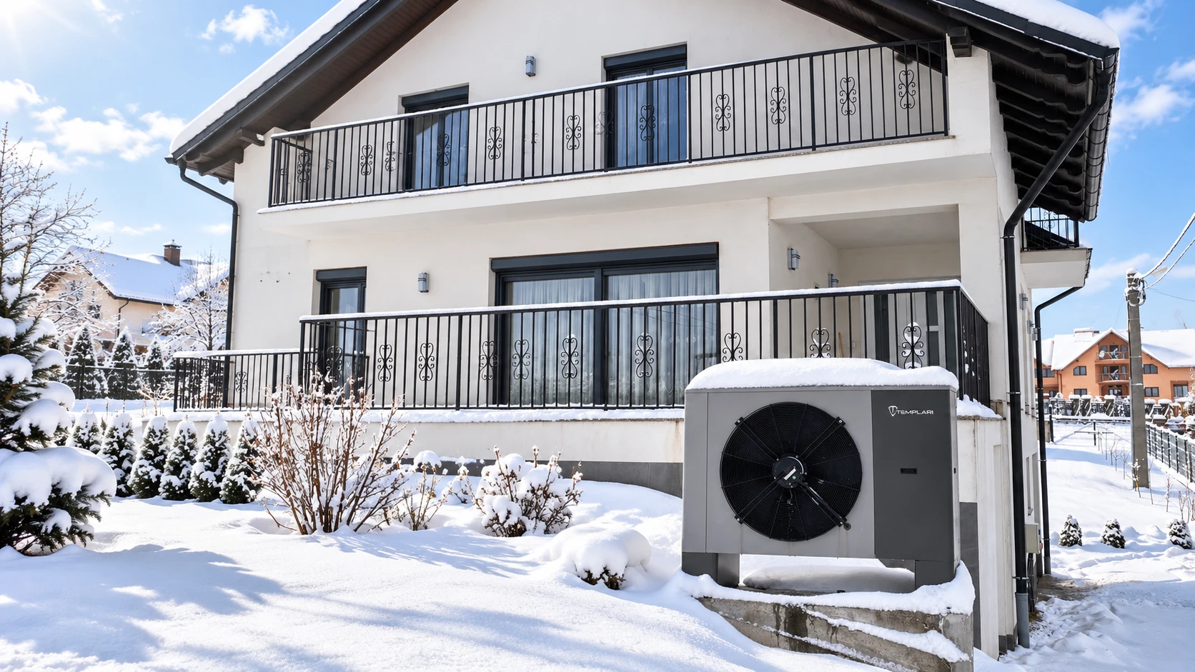 Casa innevata con pompa di calore aria-acqua Kita