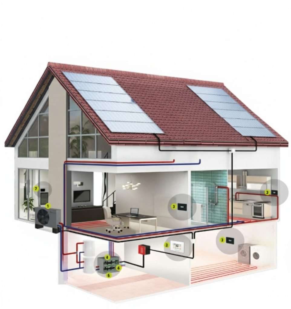 Rendering af et hus med Kita varmepumpe, solceller på taget og HCC-følere i rummene