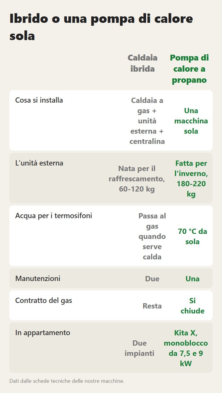 Ibrido o una pompa di calore sola: Caldaia ibrida / Pompa di calore a propano