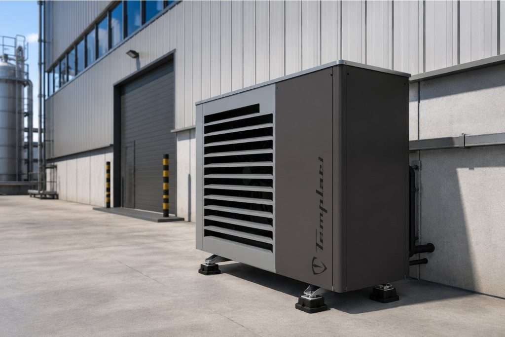 Kita Air varmepumpe med ventilatoren dækket af lameller foran en industrihal