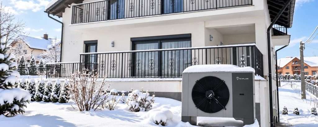Templari luft til vand varmepumpe foran et hus i sne