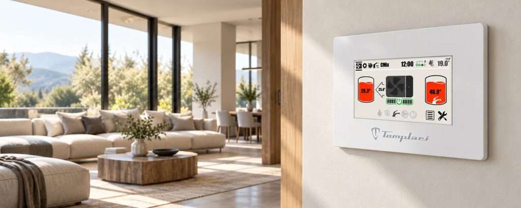 Pannello touch K-Touch del sistema HCC a parete in un soggiorno