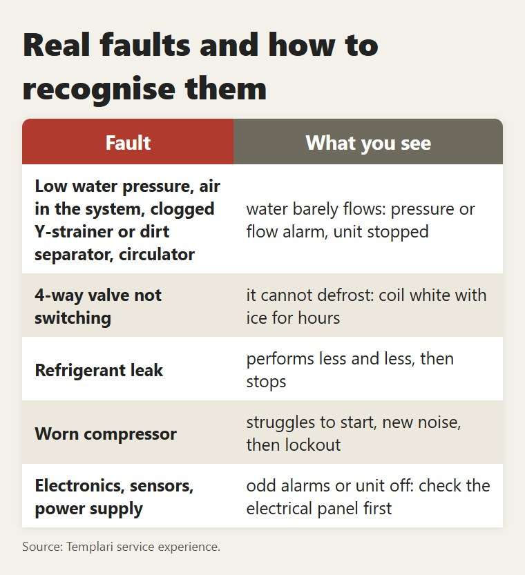 Real faults, water side and unit side, and how to recognise them